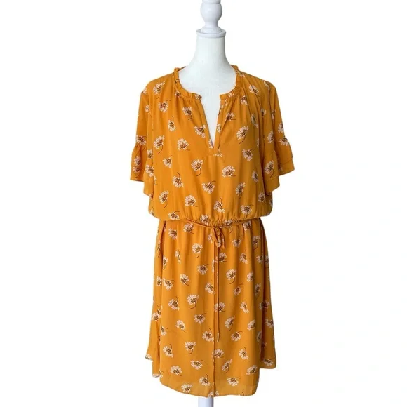 Mustard Yellow Floral Ruffle Sleeve Drawstring Waist Mini Dress XL - Picture 2 of 9